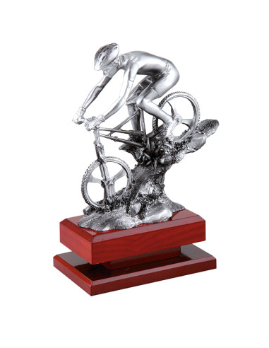 Trofeo de ciclismo BTT en descenso en resina plateada y base de madera.