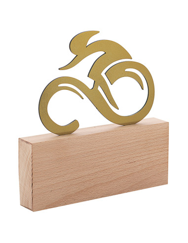 Trofeo de ciclismo de diseño en metal y base de madera de haya. Ideal para grabado láser o a color.