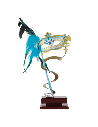Trofeo de carnaval de diseño en metal, plumas y con la base de madera. ¡ESPECTACULAR!