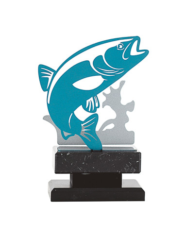 Trofeo de pesca en metal bicolor y pedestal de mármol negro.