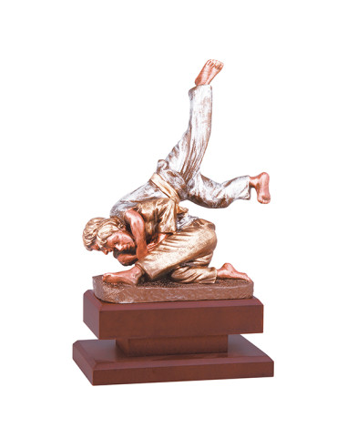 Trofeo de artes marciales con dos figuras de resina decorada y base de madera.