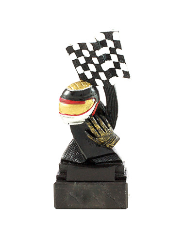 Trofeo de carreras en resina decorada con el casco y la bandera con color.