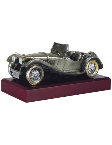 Trofeo de un coche clásico de época en resina bicolor y pedestal de madera.