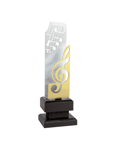 Trofeo de música en metal bicolor plateado y dorado, con el diseño cortado a láser y base mate.