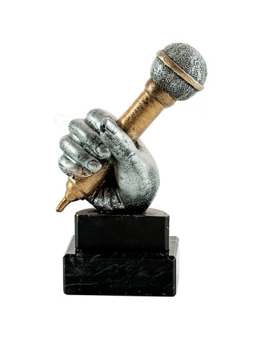 Trofeo de música de un micrófono en resina bicolor, y peana de mármol negro.