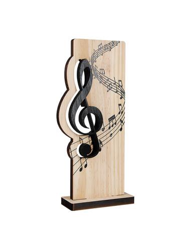 Trofeo sostenible de música en madera tallada con láser, con la clave de sol en negro. Ideal para grabación láser o a color.