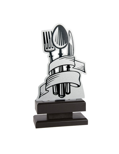 Trofeo de cocina de metal cortado con láser e impresión del motivo a todo color, base de madera oscura.