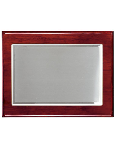 Placa de homenaje con soporte de madera y placa de latón con baño de plata con un marco en relieve alrededor de la placa. La