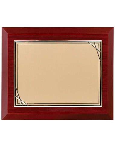 Placa de homenaje con base de madera y placa de aluminio dorado mate con detalles brillantes. La grabación debe ser a todo color