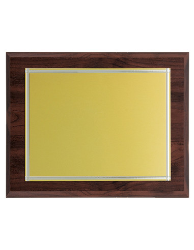 Placa de homenaje con base de madera y placa de aluminio dorado y cenefa plateada. La grabación debe ser a todo color. Se puede 