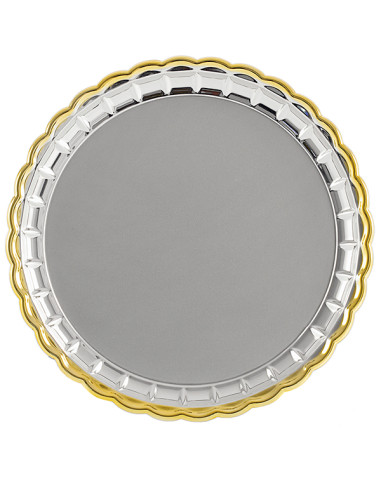 Placa de homenaje en forma de plato plateado con perfil dorado. Ideal para grabado láser. Se puede complementar con un estuche.