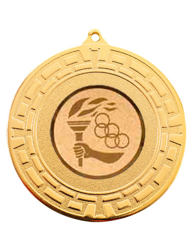 Medalla deportiva dorada de diámetro 60mm. con la trasera ideal para grabación a color o láser. Disponible en todos los deportes