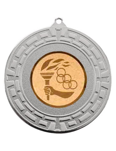 Medalla deportiva plateada de diámetro 60mm. con la trasera ideal para grabación a color o láser. Disponible en todos los deport