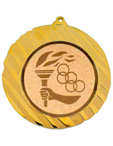 Medalla deportiva dorada de diámetro 70mm. con el reverso ideal para grabación a color o láser. Disponible en todos los deportes
