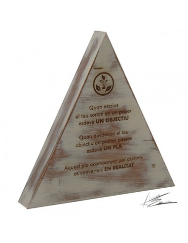 Trofeo ecológico diseño ABM en madera de castaño con forma triangular y decorado en blanco envejecido. Especialmente diseñado pa