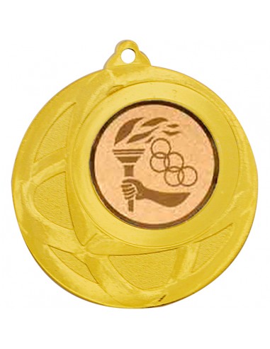 Medalla de diámetro 50mm dorada con motivo deportivo y cinta a elegir. Fondo negro para grabación en láser.