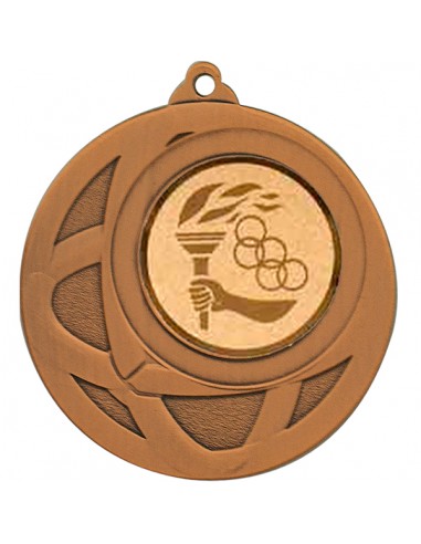 Medalla de diámetro 50mm de cobre con motivo deportivo y cinta a elegir. Fondo negro para grabación láser.
