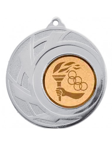 Medalla de diámetro 50mm plateada con motivo deportivo y cinta a elegir.