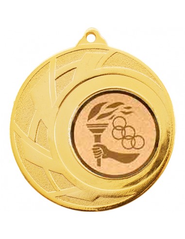 Medalla esportiva daurada diàmetre 50mm. amb la trassera ideal per gravació a color o làser.  Disponible en tots els esports.