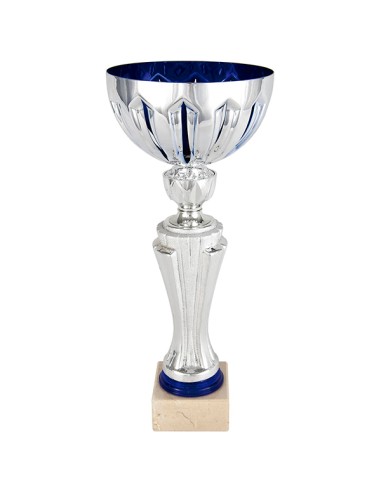 Copa deportiva plateada y azul con el cuerpo de cerámica y la peana clara, con la plaqueta grabada todo color