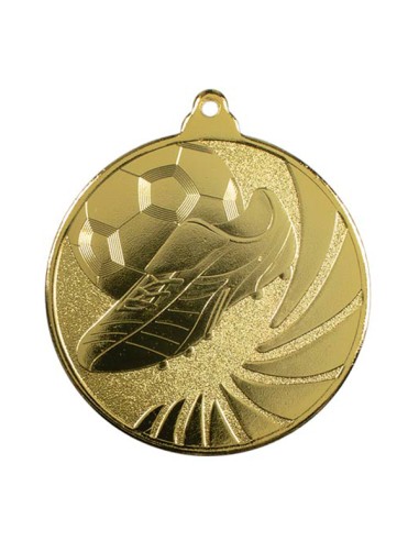 Medalla de fútbol corpórea dorada con cinta para colgar en el cuello a escoger y grabación en láser.
