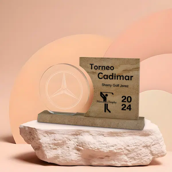 Placa de Homenaje Ecológica Sostenible en Piedra Natural Arenisca y Cristal Redondo Personalizable 1138